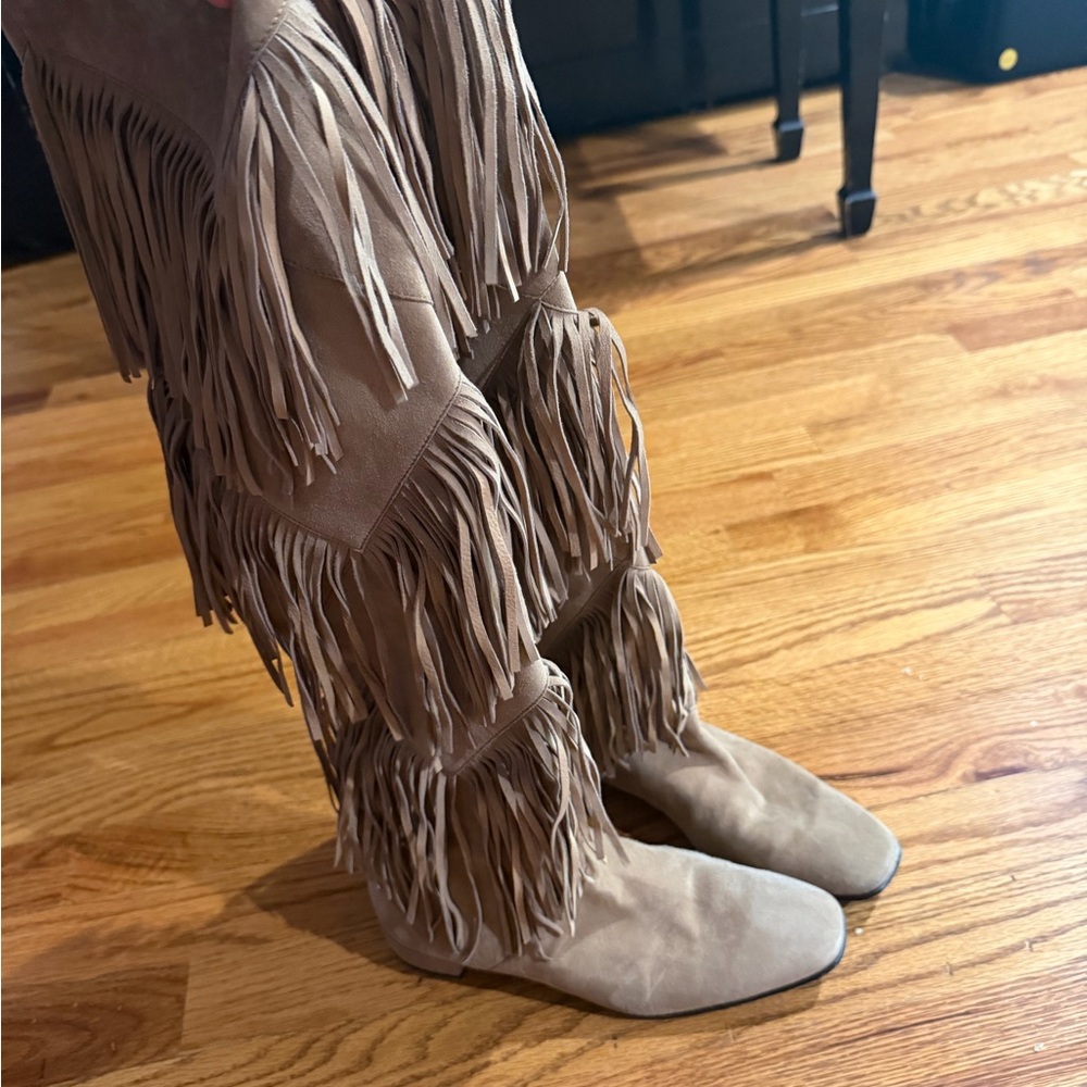 Roger Vivier Fringe Suede Over the Knee Tan Boots